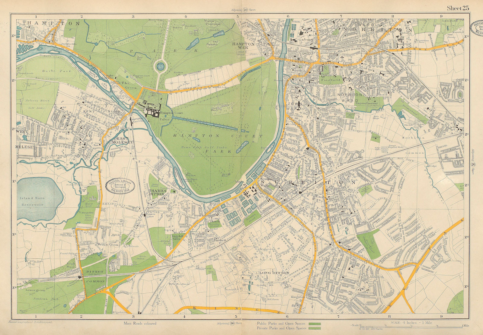 KINGSTON-UPON-THAMES Molesey Surbiton Hampton Court Thames Ditton.BACON 1934 map